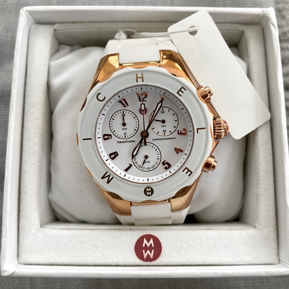 NWT - MICHELE TAHITIAN JELLY BEAN,ROSE GOLD TONE WHITE SILICONE WATCH